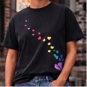 Feeling Proud Womens Rainbow Heart Pride Graphic Tee Black Cotton Blend Shirt MD